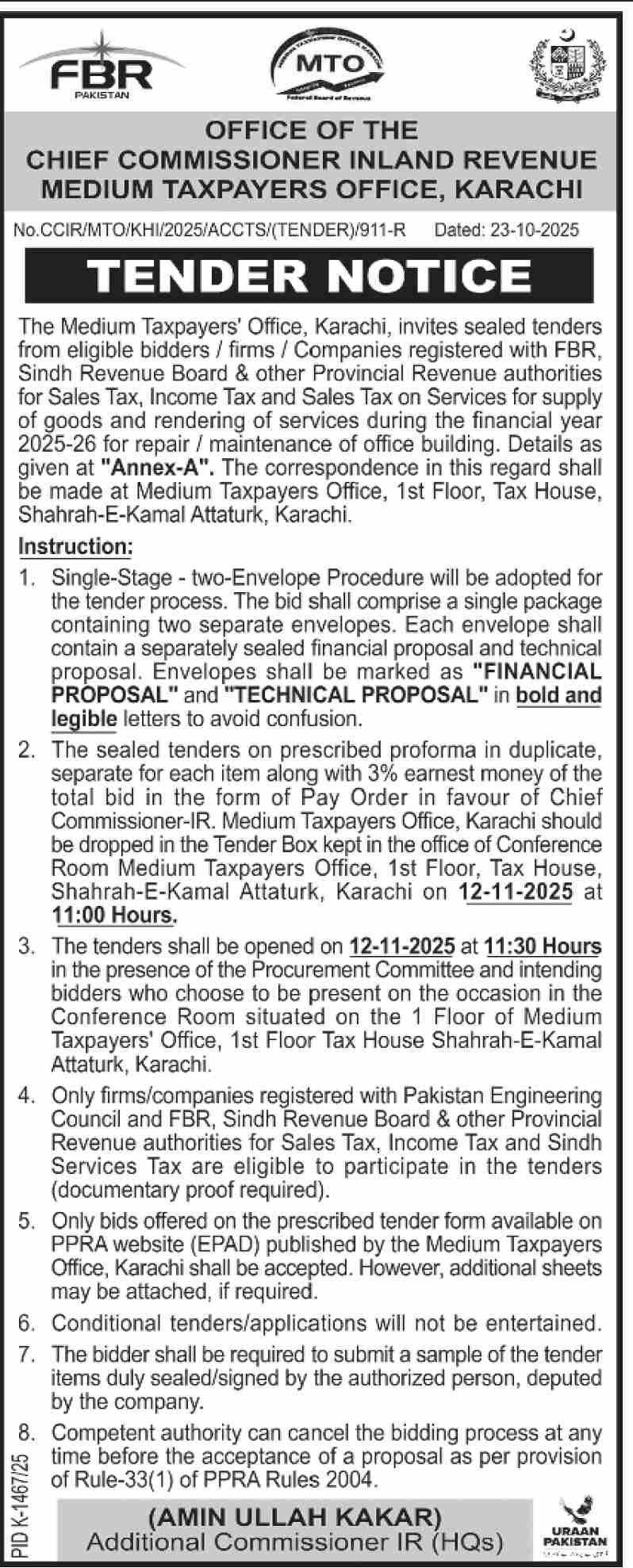 Federal Board of Revenue Karachi Tender Notice